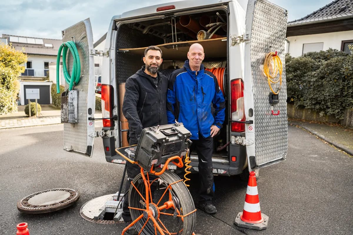 Techniker mit Kamerawagen vor dem Einsatzfahrzeug