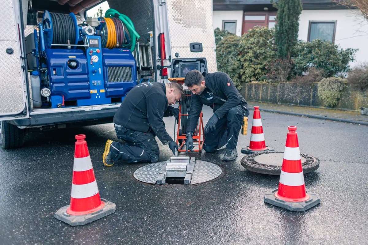 Zwei Techniker am geöffneten Kanalschacht