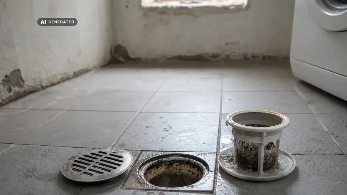 KI-generiertes Bild: Offener Bodenablauf in einem gefliesten Kellerboden, daneben liegen das abgenommene Ablaufgitter aus Edelstahl und der ausgebaute Geruchsverschluss