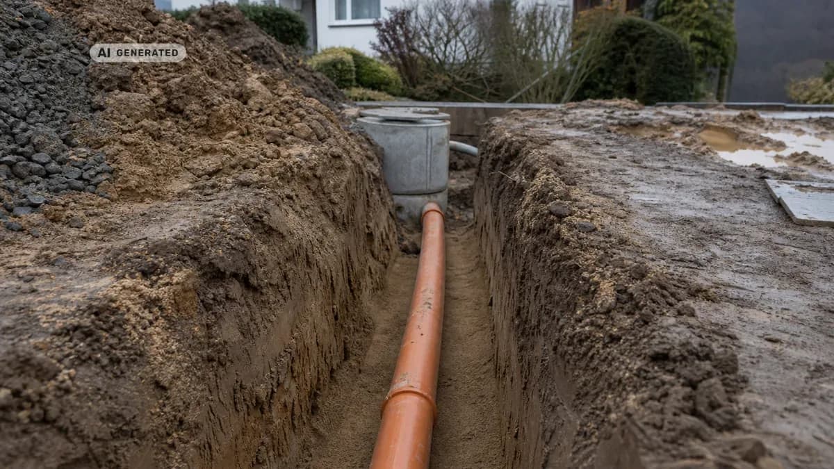 KI-generiertes Bild: Aufgegrabener Graben vor einem Einfamilienhaus im Taunus, darin ein frisch verlegtes orangefarbenes Abwasserrohr, das zum Kontrollschacht an der Grundstücksgrenze verläuft