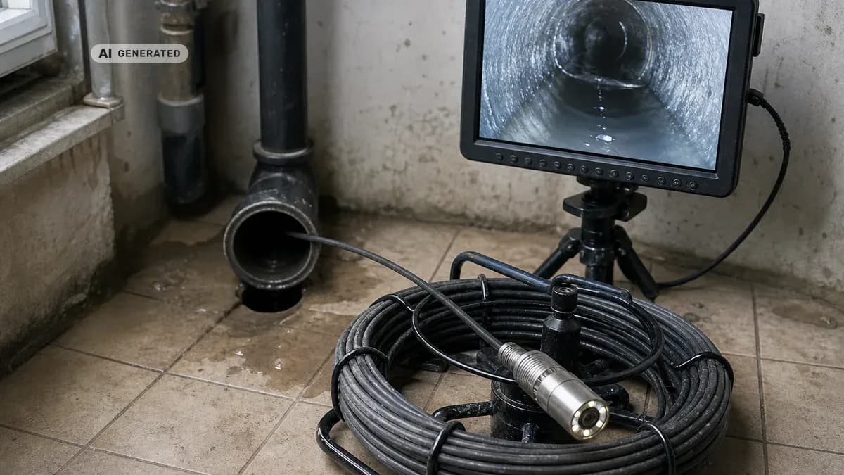 KI-generiertes Bild: Techniker schiebt eine Kanalkamera in eine Abwasserleitung und beurteilt das Live-Bild auf dem Monitor