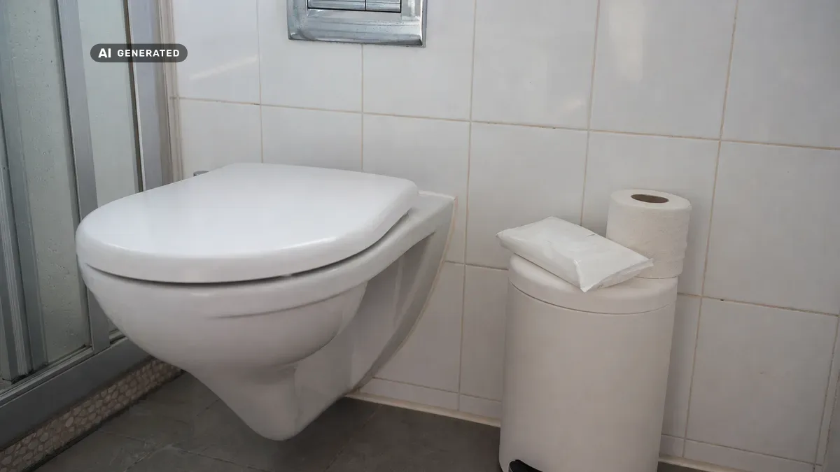 KI-generiertes Bild: Helles Badezimmer mit weißem WC, daneben eine Toilettenpapierrolle und eine Packung Feuchttücher auf einem kleinen Deckel-Mülleimer