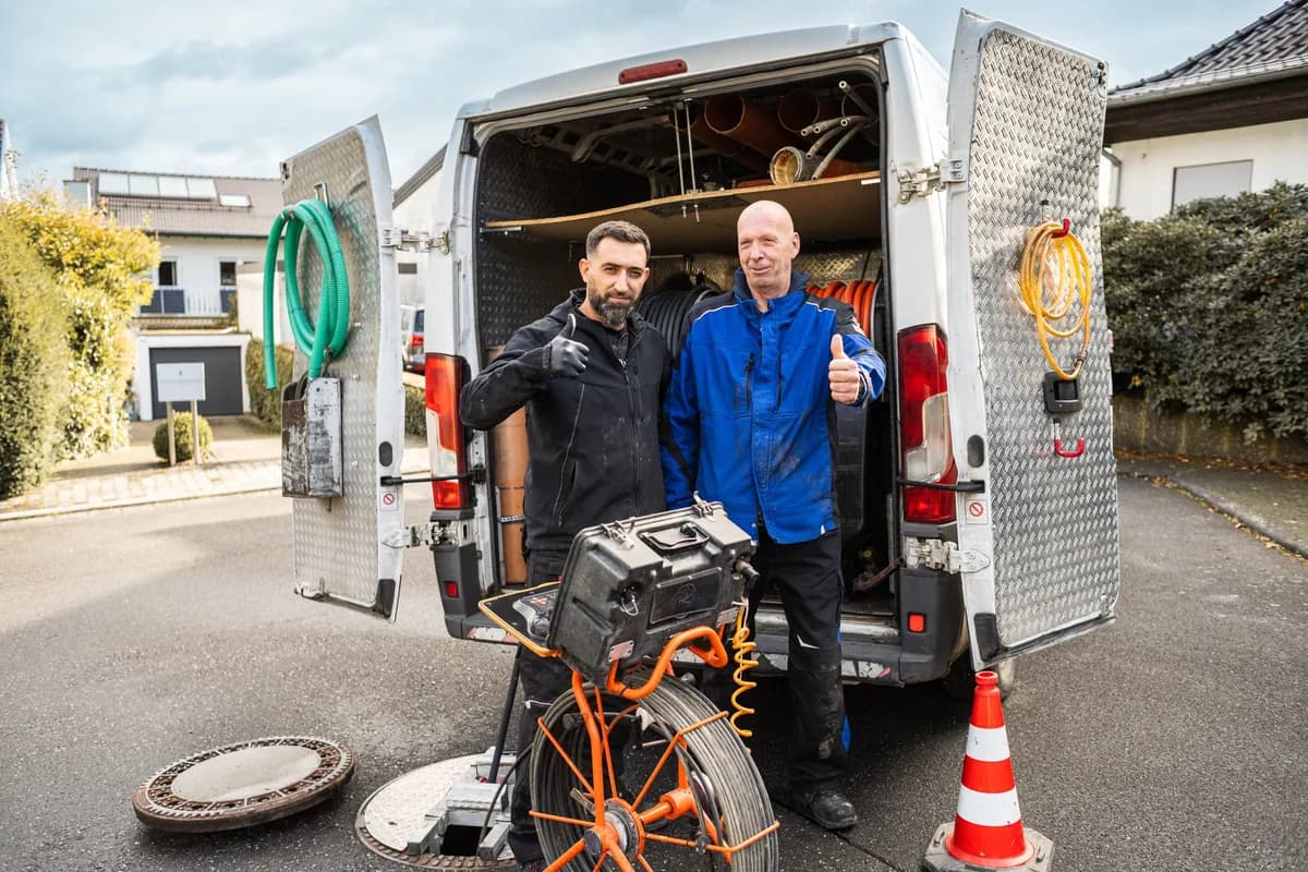 Zwei Techniker der Weller Abwassertechnik GmbH & Co. KG mit Daumen hoch vor dem offenen Einsatzfahrzeug